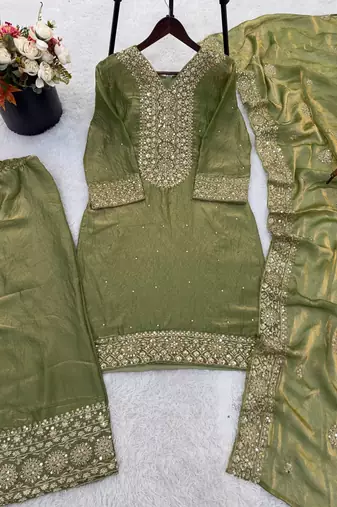 Mehendi color fendy silk embroidery work wedding wear salwar suit