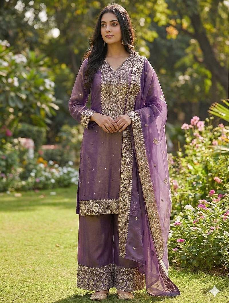 Onion color fendy silk embroidery work wedding wear salwar suit