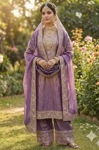 Onion color fendy silk embroidery work wedding wear salwar suit