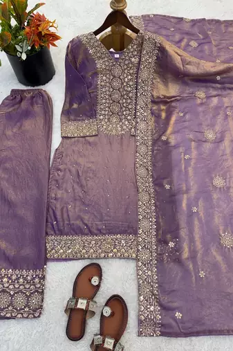 Onion color fendy silk embroidery work wedding wear salwar suit