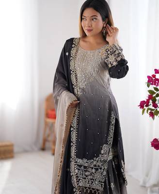 Black Color Dori,Sequence And Rivet Moti Work Chinon Silk Top Bottom Dupatta Set 1