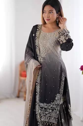 Black Color Dori,Sequence And Rivet Moti Work Chinon Silk Top Bottom Dupatta Set