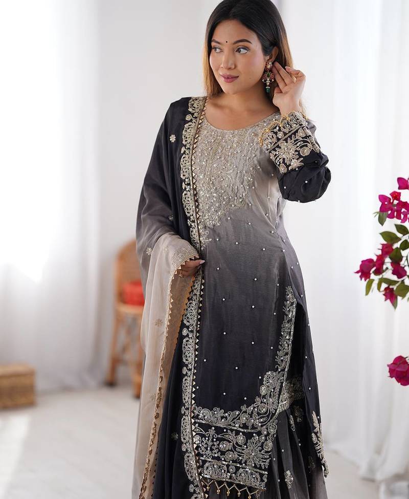 Black Color Dori,Sequence And Rivet Moti Work Chinon Silk Top Bottom Dupatta Set