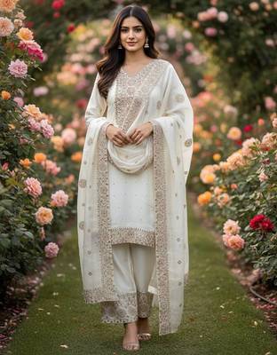 White color fendy silk embroidery work wedding wear salwar suit 1