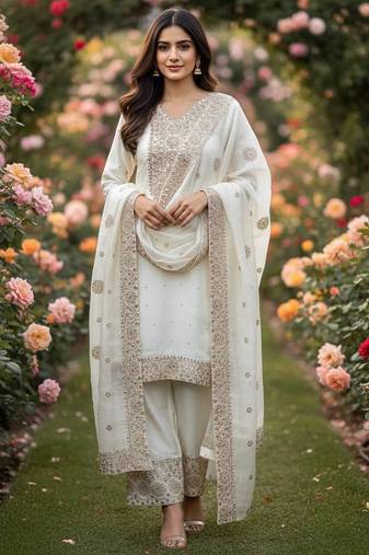 White color fendy silk embroidery work wedding wear salwar suit