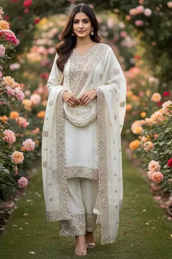 White color fendy silk embroidery work wedding wear salwar suit