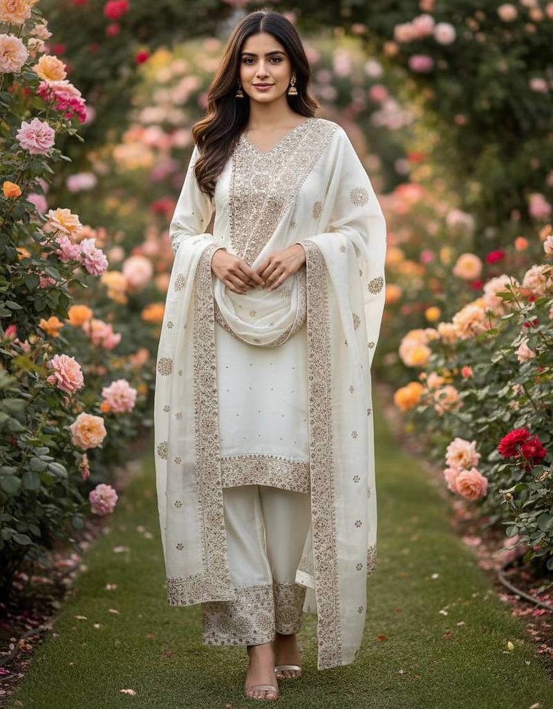 White color fendy silk embroidery work wedding wear salwar suit