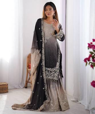 Black Color Dori,Sequence And Rivet Moti Work Chinon Silk Top Bottom Dupatta Set 2