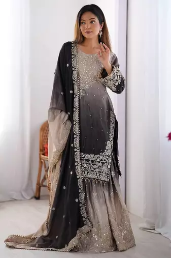 Black Color Dori,Sequence And Rivet Moti Work Chinon Silk Top Bottom Dupatta Set
