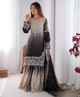Black Color Dori,Sequence And Rivet Moti Work Chinon Silk Top Bottom Dupatta Set 3