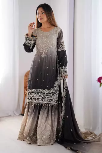 Black Color Dori,Sequence And Rivet Moti Work Chinon Silk Top Bottom Dupatta Set