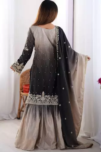 Black Color Dori,Sequence And Rivet Moti Work Chinon Silk Top Bottom Dupatta Set