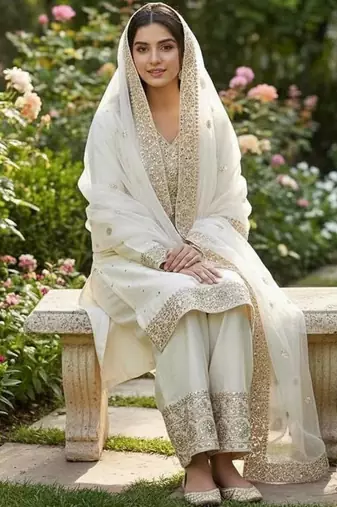 White color fendy silk embroidery work wedding wear salwar suit
