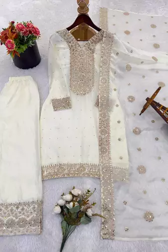 White color fendy silk embroidery work wedding wear salwar suit