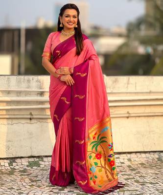 Pink woven zari buti & paithani pallu work silk blend fabric traditional festive style 1