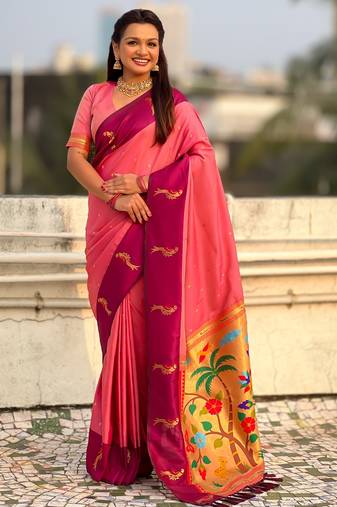 Pink woven zari buti & paithani pallu work silk blend fabric traditional festive style