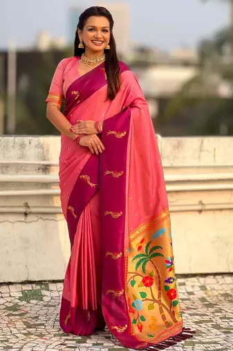 Pink woven zari buti & paithani pallu work silk blend fabric traditional festive style