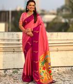Pink woven zari buti & paithani pallu work silk blend fabric traditional festive style