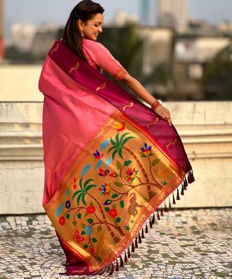 Pink woven zari buti & paithani pallu work silk blend fabric traditional festive style 2