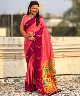 Pink woven zari buti & paithani pallu work silk blend fabric traditional festive style 3
