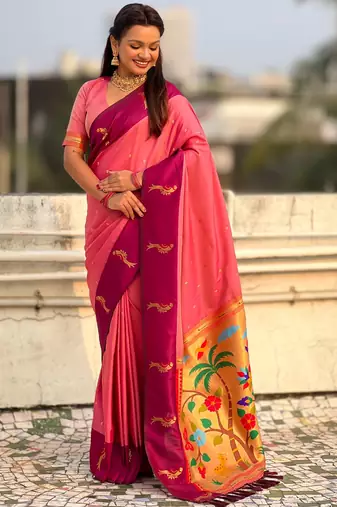 Pink woven zari buti & paithani pallu work silk blend fabric traditional festive style
