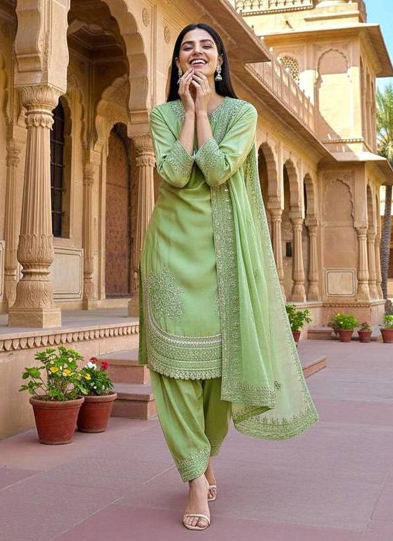 green color natural creap silk designer fency party wear salwar suit