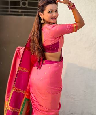 Pink woven zari buti & paithani pallu work silk blend fabric traditional festive style 4
