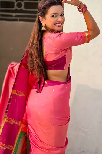 Pink woven zari buti & paithani pallu work silk blend fabric traditional festive style