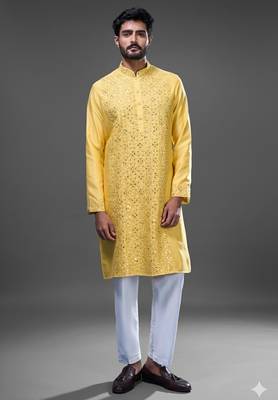Yellow embroidered, mirror silk kurta pant 1