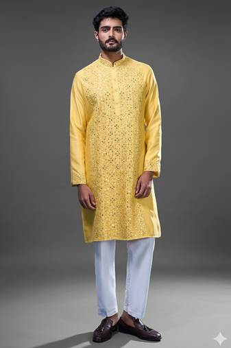 Yellow embroidered, mirror silk kurta pant