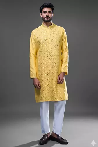 Yellow embroidered, mirror silk kurta pant