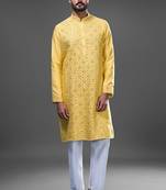 Yellow embroidered, mirror silk kurta pant