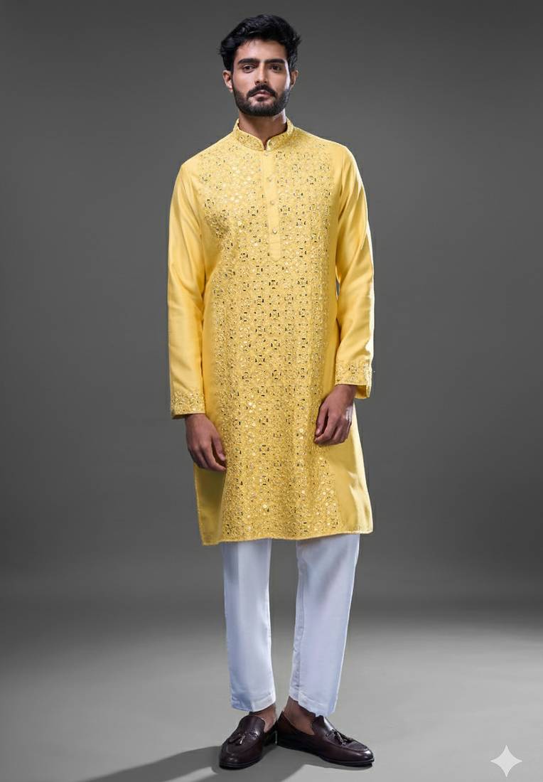 Yellow embroidered, mirror silk kurta pant