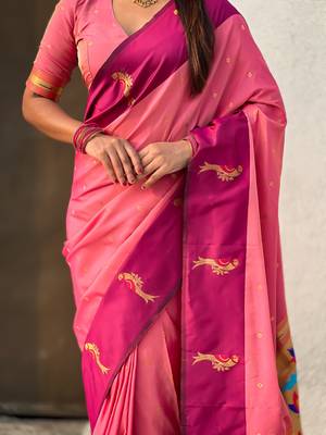 Pink woven zari buti & paithani pallu work silk blend fabric traditional festive style 5