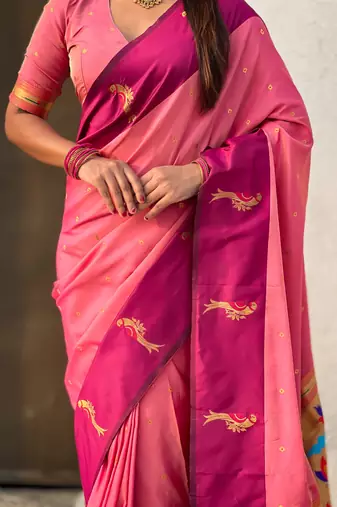 Pink woven zari buti & paithani pallu work silk blend fabric traditional festive style