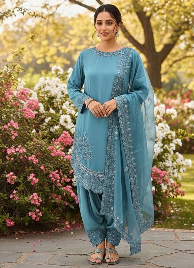 Teal color natural creap silk designer fency party wear salwar suit