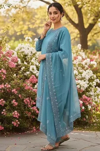 Teal color natural creap silk designer fency party wear salwar suit