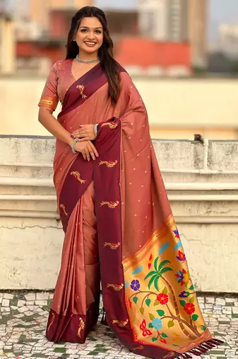 Peach woven zari buti & paithani pallu work silk blend fabric traditional festive style