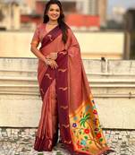 Peach woven zari buti & paithani pallu work silk blend fabric traditional festive style