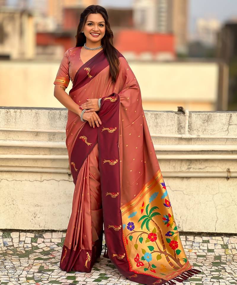 Peach woven zari buti & paithani pallu work silk blend fabric traditional festive style