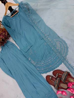 Teal color natural creap silk  fency party wear salwar suit 3