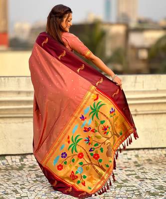 Peach woven zari buti & paithani pallu work silk blend fabric traditional festive style 2