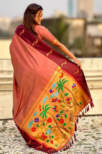 Peach woven zari buti & paithani pallu work silk blend fabric traditional festive style