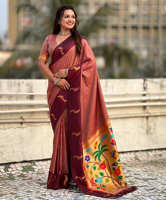 Peach woven zari buti & paithani pallu work silk blend fabric traditional festive style 3