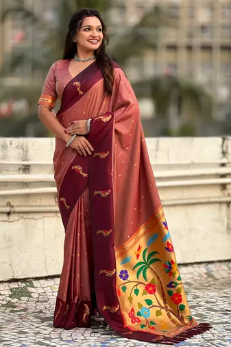 Peach woven zari buti & paithani pallu work silk blend fabric traditional festive style