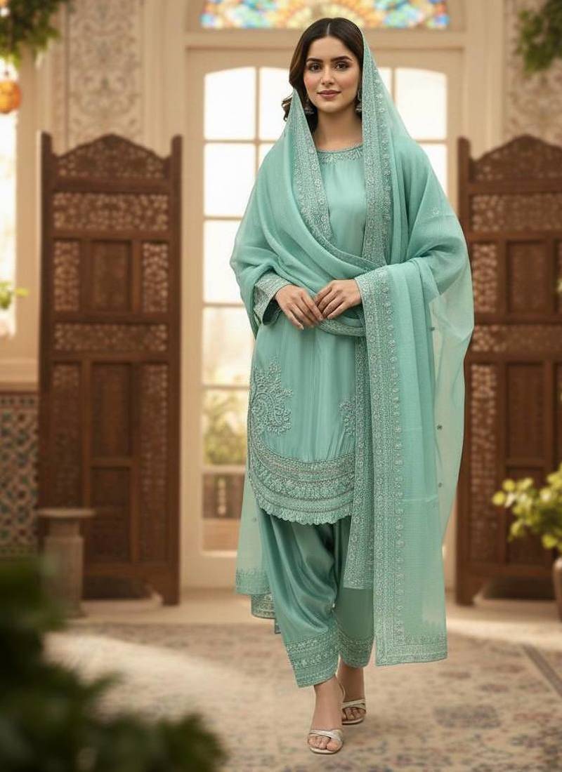 Turquoise color natural creap silk designer fency party wear salwar suit