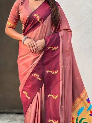 Peach woven zari buti & paithani pallu work silk blend fabric traditional festive style 5