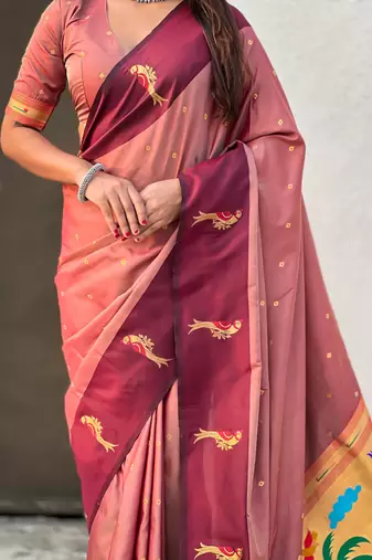 Peach woven zari buti & paithani pallu work silk blend fabric traditional festive style