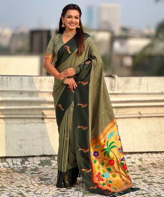 Olive woven zari buti & paithani pallu work silk blend fabric traditional festive style 1