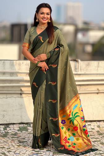 Olive woven zari buti & paithani pallu work silk blend fabric traditional festive style